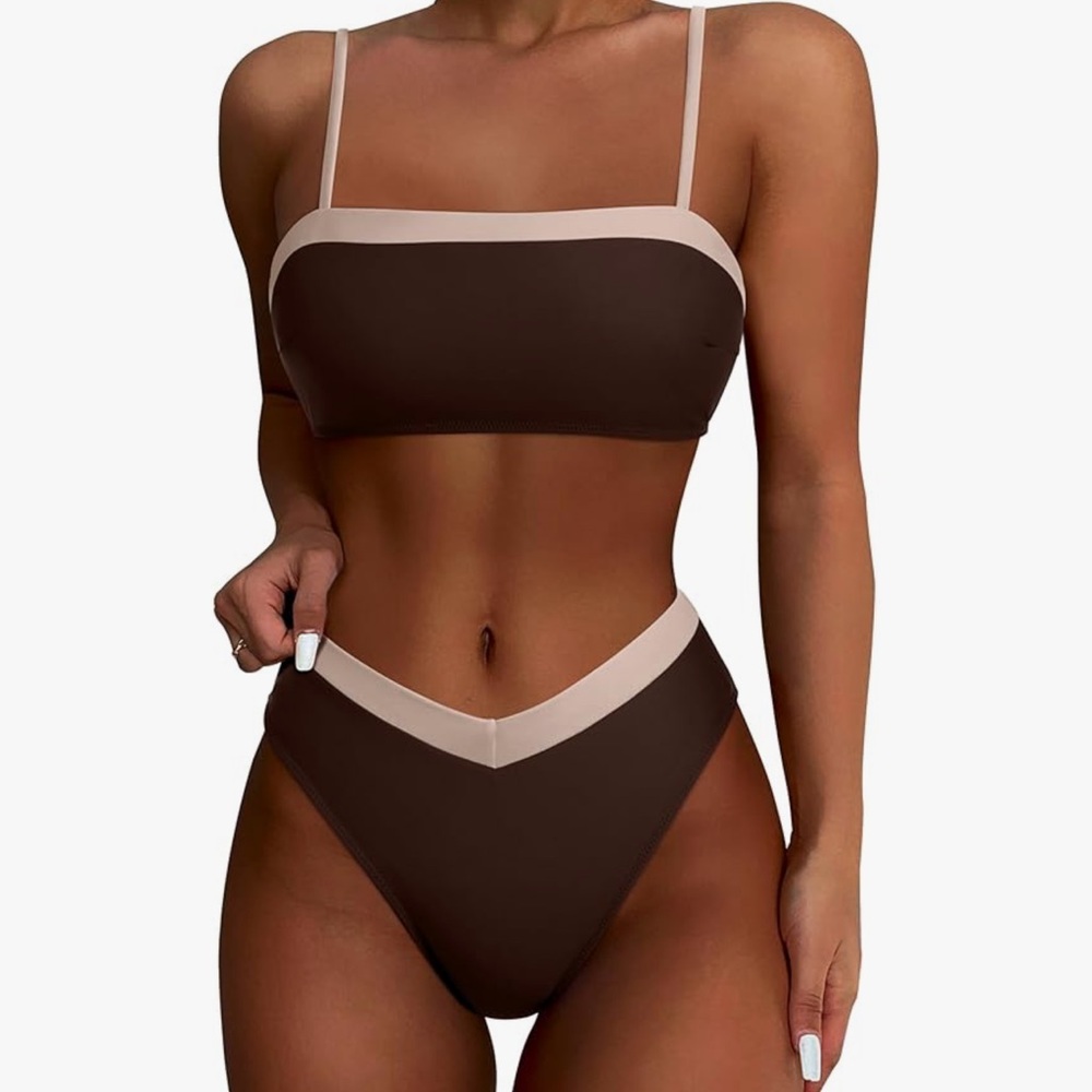 NWT Brown and Cream Women's High Waisted Bikini Set